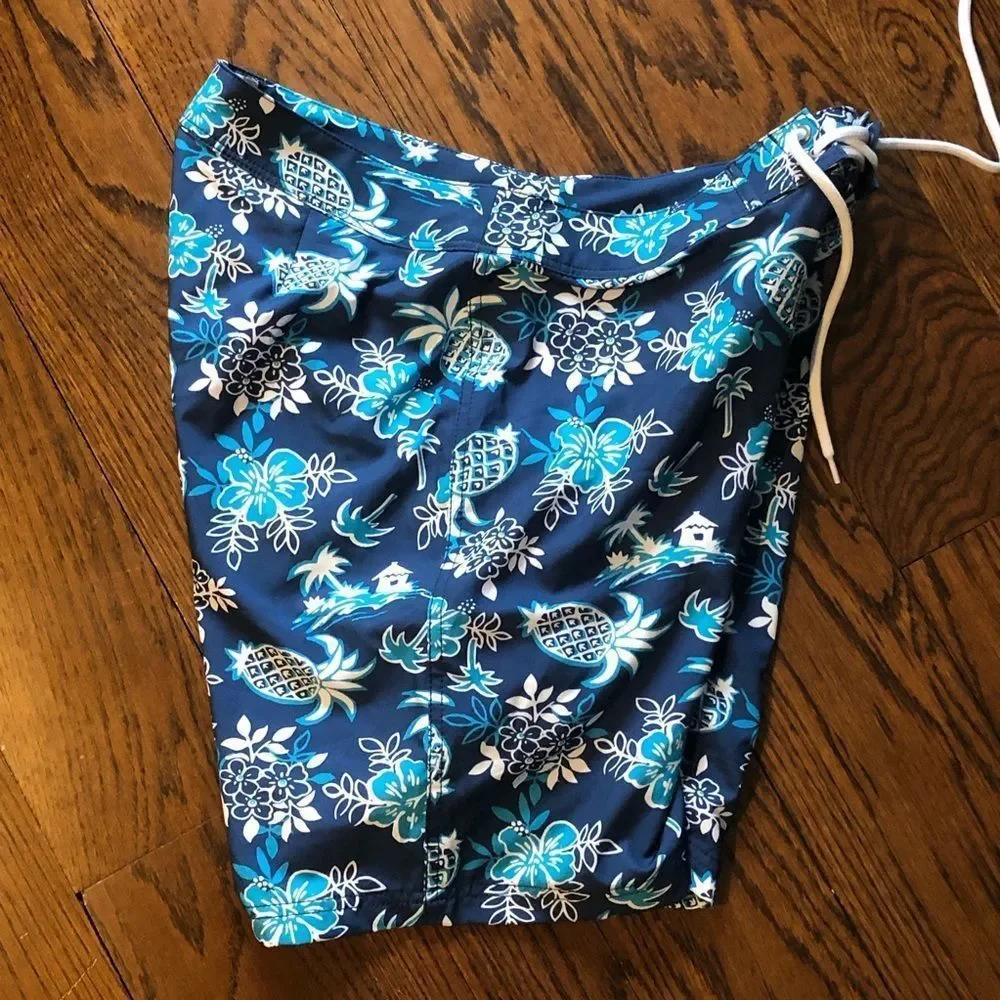 J.Crew Mens Lined Swim Trunks Hawaiian Navy Turquoise Sz 33 NWT